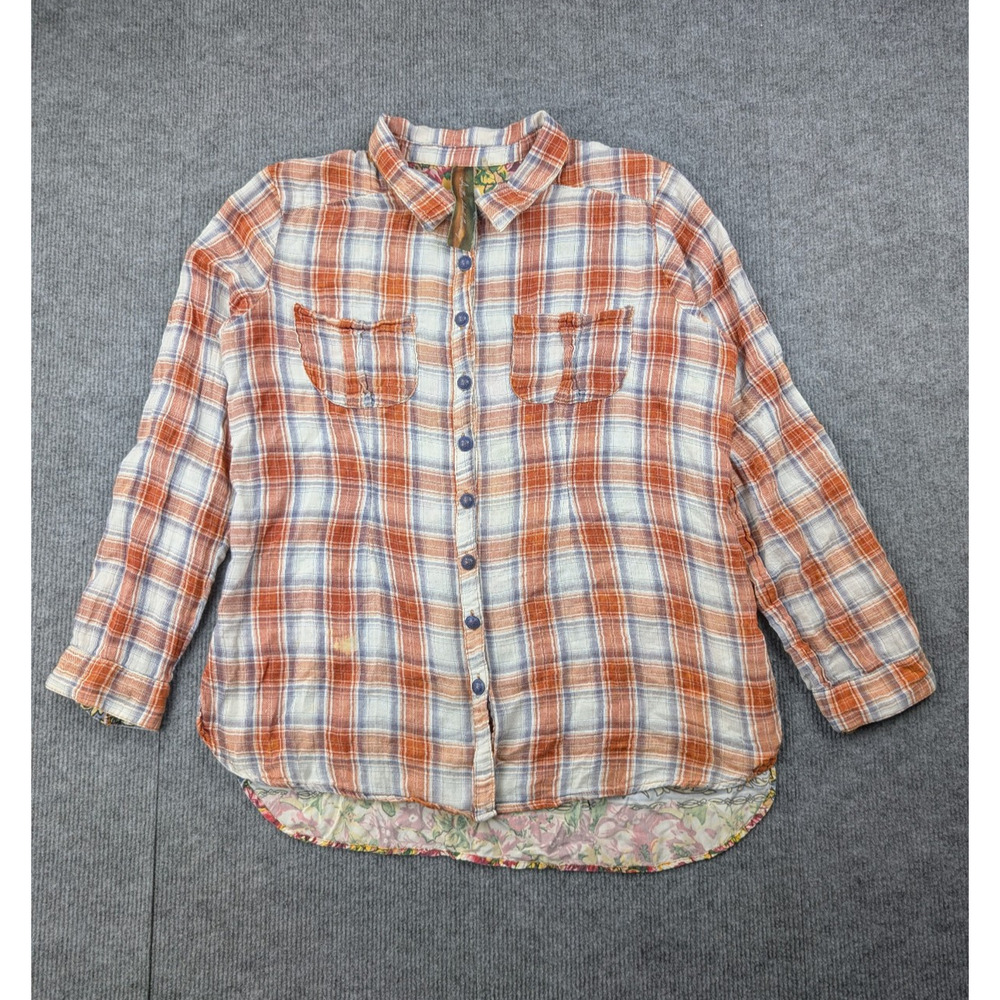Aratta Silent Journey Button Up Womens Medium Mixed Media Boho Blouse Flannel